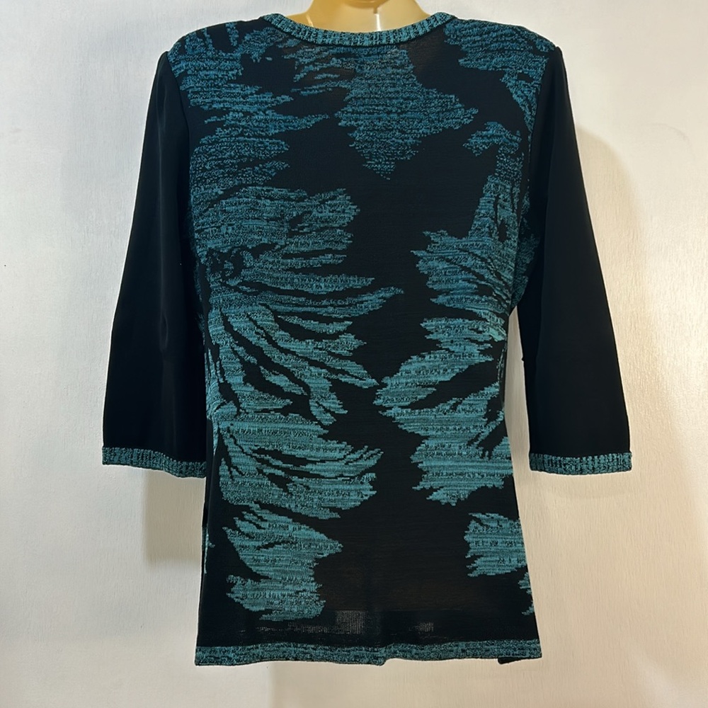 MING WANG OPEN CARDIGAN SWEATER WOMEN Sz SMALL BLACK AQUA FLORAL LONG SLEEVES - Picture 2 of 11